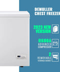 No Sweat Compact Chest Freezer With Dual Removable Baskets And Precision Digital Display To Keep Your Grocery Stash Rock Solid Cold In White Finish Quick Freeze Unit front view with digital display.