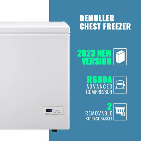 No Sweat Compact Chest Freezer With Dual Removable Baskets And Precision Digital Display To Keep Your Grocery Stash Rock Solid Cold In White Finish Quick Freeze Unit front view with digital display.
