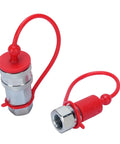 Heavy Duty Hydraulic Quick Connect Coupler One Quarter Inch Npt 4000 Psi Hardened Steel Fitting Dust Caps Included Leak Proof Secure Lock Works Well For Big Tasks Demand Real Deal Specs And Kick Ass Performance, red-capped pair