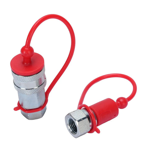 Heavy Duty Hydraulic Quick Connect Coupler One Quarter Inch Npt 4000 Psi Hardened Steel Fitting Dust Caps Included Leak Proof Secure Lock Works Well For Big Tasks Demand Real Deal Specs And Kick Ass Performance, red-capped pair