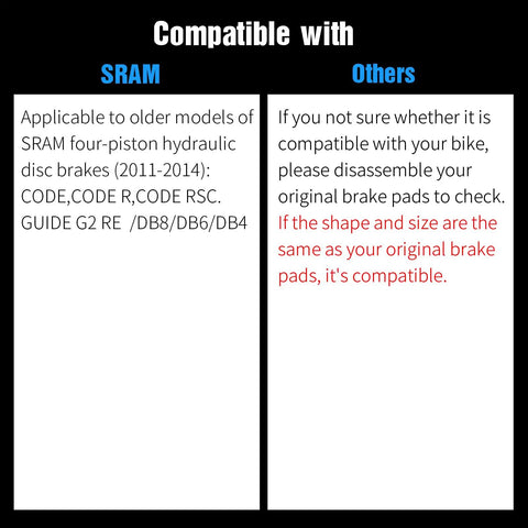 Compatibility chart for All In One 4 Piston Mountain Bike Brake Pads Set For Disc Brakes Includes Gap Regulator Piston Press Tool And Hex Wrench Compatible With Code R Code RSC And Guide G2 Series On Trail Ready Performance