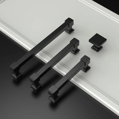 10 Pack 5-Inch Matte Black Cabinet Pulls for Cabinets and Cupboards, shown on a black and white surface, showcasing modern design and durability