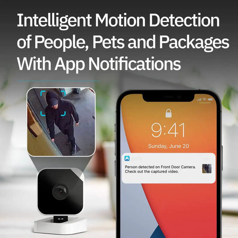 Cam 2 Indoor Outdoor WiFi Security Camera With Full Color Low Light Video, Motion Detection, Two Way Audio next to smartphone
