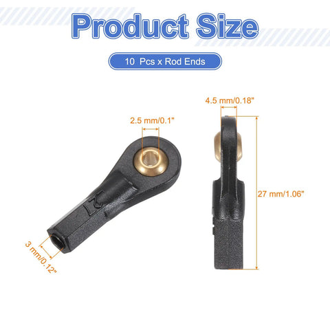M3xL27mm 2.5mm Center Hole RC Plastic Ball Joint Rod Ends Link Set Pack Of 10 Black For Crawler Steering Linkage Upgrades And Replacement Parts, 27mm