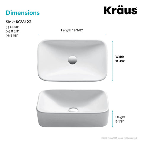 Rectangular Vessel Sink In White Porcelain Ceramic 19 Inch Bathroom Basin Scratch Resistant Stain Resistant High Gloss Finish Easy To Clean Installation Ready Model KCV 122