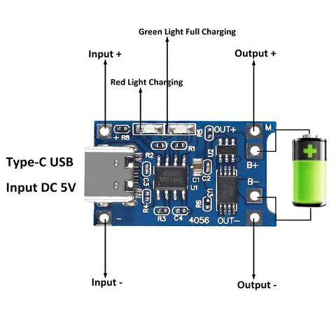 Slick TP4056 Type-C USB Charging Module For 18650 Lithium Batteries showing circuit board connections and battery slots.