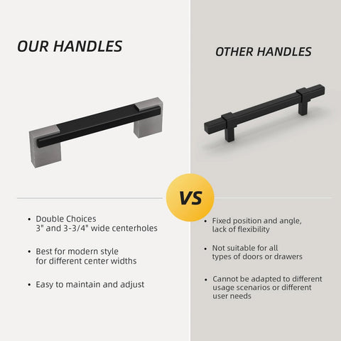 Comparison of 10 Pack Adjustable Cabinet Pulls Black Silver Two Tone Square with fixed position handle.