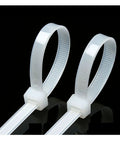 Close-up of two 36 Inch White Zip Ties Heavy Duty Outdoor Use Cable Ties 250 Lbs Tensile Strength Thick Nylon Zipties