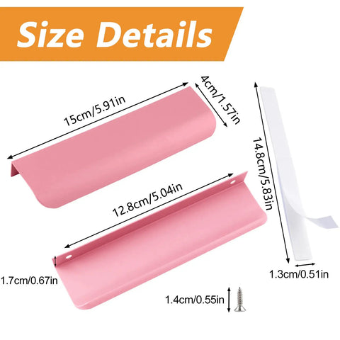 Size details of Sleek Finger Edge Pull 8 Pack Hidden Drawer Handles, pink aluminum alloy, 150mm, screws included