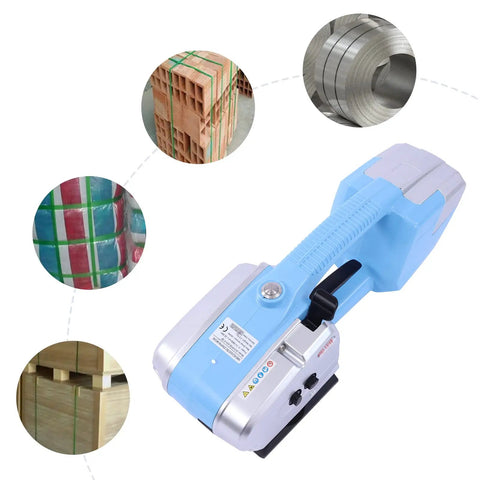 Built Like A Tank Cordless Electric Strapping Gun With Auto Friction Weld Tensioner And Cutter Cranks Down 1/2 To 5/8 Pet Straps For Zero Drama Box And Pallet Shipping with blue and silver finish.