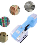 Heavy Duty Handheld Battery Electric Strapping Machine For Plastic Bands And Steel Belts, Tightens Up To 2800N With Friction Seal, Fast Pack Tool For Shipping Boxes And Warehouse Storage, Blue in use with packages.
