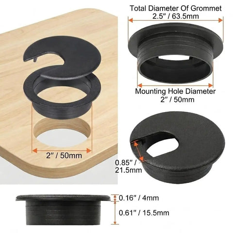 2 Inch Desk Grommets 50mm Black Cable Management Kit 5 Pack Pass Through Hole Covers dimensions and features
