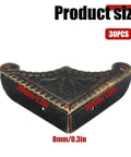 Skip The Repair Bills Heavy Duty Metal Box Corner Protectors 30 pack 1.5 inch antique square brackets close-up showing dimensions.