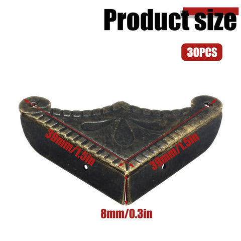 Skip The Repair Bills Heavy Duty Metal Box Corner Protectors 30 pack 1.5 inch antique square brackets close-up showing dimensions.