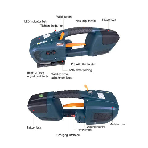 Heavy Duty Slick Portable Battery Powered Electric Strapping Tool Automatic PP PET Belt features include battery box and adjustment knobs.