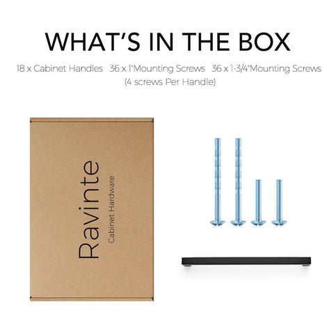 Box with components of Eight Inch Square Cabinet Handles Matte Black Pulls for Kitchen Drawers and Cabinets Set of Eighteen