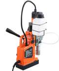 Top Shelf Heavy Duty Magnetic Drill Press With Gutsy 1450W Motor showing electromagnetic base and fluid reservoir for drilling.