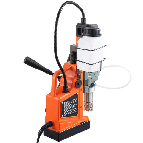 Top Shelf Heavy Duty Magnetic Drill Press With Gutsy 1450W Motor showing electromagnetic base and fluid reservoir for drilling.