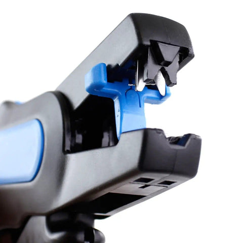 Close-up of Automatic Wire Stripper And Cutter With Narrow Profile For Tight Spaces, showing blade mechanism.