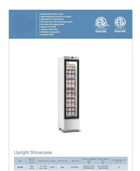 Commercial Upright Showcase Freezer 6.5 Cu Ft Single Glass Door with digital control and LED light, ideal for cafes and restaurants.