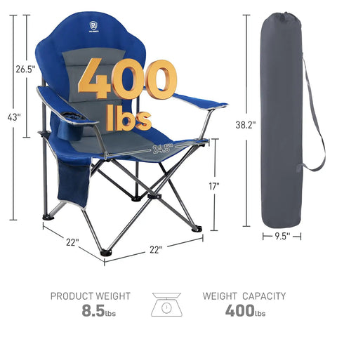 Two Pack Oversized Folding Camping Chair Set With High Back Padded Comfort Grab And Go Style Lightweight Steel Frame Portable Lawn Chairs For Outdoor Use Easy Fold Sturdy And Durable For Adults Grey showing 400 lbs capacity and dimensions