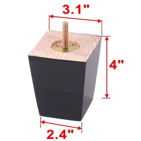 Genuine Hardwood Sofa Legs 4 Inch Tall Built Tough With Strong M8 Hanger Bolts And Rock Solid T Iron Nuts Square Tapered Black Couch Replacement Feet with dimensions.