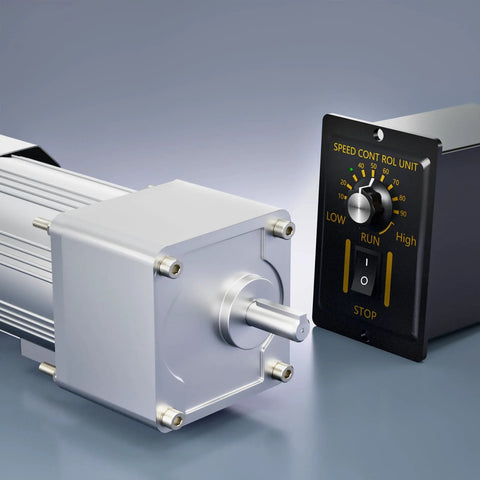 Bemonoc 300W AC gear reducer motor with 18mm output shaft beside a black speed controller panel.