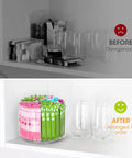 Before and after of a cabinet showing Drink Packet Organizer With 360 Degree Lazy Susan Turntable For Hydration Packets And Water Flavor Mixes