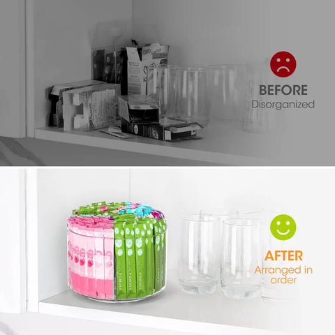 Before and after of a cabinet showing Drink Packet Organizer With 360 Degree Lazy Susan Turntable For Hydration Packets And Water Flavor Mixes