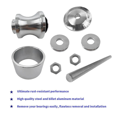 Wheel Bearing Removal And Reinstall Tool For Polaris Ranger RZR Ranger General Sportsman Fits 40 And 44 Mm Bearings Front And Rear Wheel Hub Kit Durable Steel Construction For Easy Install showing steel and billet aluminum components