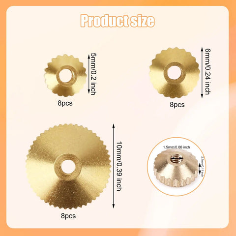 Product size display of Brass Clock Hand Nut Set 24 Pack in Three Sizes 5mm 6mm 10mm for Grandfather Wall and Mantel Clocks Replacement Kit.