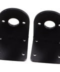 Front view of two black metal L-shaped motor mounting brackets with a circular top hole and screw holes.