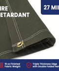Close-up of 5x7 Ft Fire Retardant Canvas Tarp 27 Mil Heavy Duty Industrial Grade with brass grommets, olive drab color