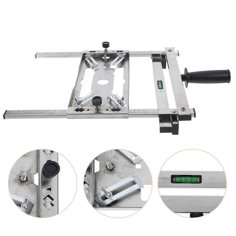 Rock Solid Heavy Duty Adjustable Stainless Steel Support Stand With Precision Edge Guide Locator For Wood And Metals. Top view with level.