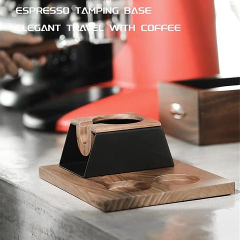 No Fuss 58mm Walnut Wood Espresso Tamper Station And Coffee Press Handle Holder Pro Barista Countertop Organizer with deep groove slot.