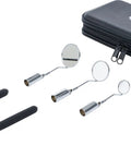 Led Magnetic Pick Up Tool And Inspection Mirror Set with black and silver finish, includes extendable tools and mirror sizes 21mm, 31mm, 38mm