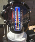 FlowVis FV-C pool flow meter and check valve inline 2 by 2.5 inch, reads GPM or optional LPM, installed vertically, high accuracy.
