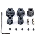 Beefed-Up Hardened Metal RC Pinion Gear Set, 32P, 5mm Inner With 3.175mm Coupler, Includes 13T 15T 17T 19T 21T, laid out with accessories