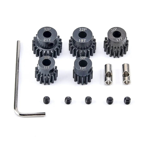 Beefed-Up Hardened Metal RC Pinion Gear Set, 32P, 5mm Inner With 3.175mm Coupler, Includes 13T 15T 17T 19T 21T, laid out with accessories