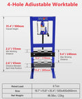 Badass 6 Ton Hydraulic Shop Press With Integrated Bottle Jack Adjustable Stamping Plates And Spacious Work Table dimensions showing adjustable worktable.