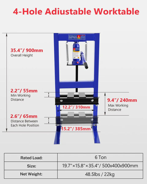 Badass 6 Ton Hydraulic Shop Press With Integrated Bottle Jack Adjustable Stamping Plates And Spacious Work Table dimensions showing adjustable worktable.
