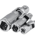 Rock Solid 3 Piece Universal Joint Socket Set With Rotatable Swivel Head For Tough Jobs And Confined Spaces That Make Any DIYer's Toolkit Smaller Yet Super Versatile And Way More Efficient. three chrome-plated steel universal joint sockets on white background