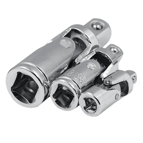 Rock Solid 3 Piece Universal Joint Socket Set With Rotatable Swivel Head For Tough Jobs And Confined Spaces That Make Any DIYer's Toolkit Smaller Yet Super Versatile And Way More Efficient. three chrome-plated steel universal joint sockets on white background