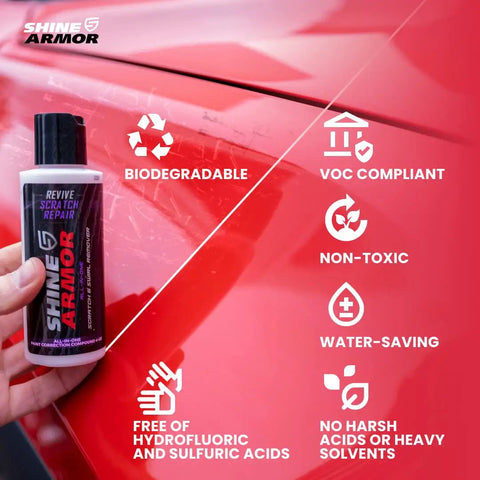 Car Scratch Remover And Swirl Repair Polish 4oz With Water Repellent Gloss Finish For Deep Mirror Like Shine And Slick Protective Shield Against Dust Dirt And Road Grime Made In USA held near red car