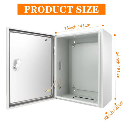 Built Like A Tank Waterproof Electrical Junction Box With Lockable Cover And Ip66 Seal Designed To Handle Outdoor Circuit Runs And Seasonal Lighting In 24 X 16 X 10 Inch Heavy Duty Steel Cabinet opened showing dimensions.