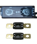 Rock Solid ANM Bolt On Fuse Holder Block 60 Amp Rated 12 To 48 Volt DC Circuit Protector with clear view window and two 60A fuses.