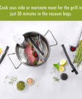 Fresh And Save 10 Piece Vacuum Sealer Bags Set For Sous Vide Meal Prep And Freezer Storage Assorted Sizes Keeps Food Fresh Up To Five Times Longer And Cuts Waste showing ingredients in a pot.