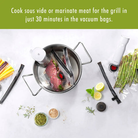 Fresh And Save 10 Piece Vacuum Sealer Bags Set For Sous Vide Meal Prep And Freezer Storage Assorted Sizes Keeps Food Fresh Up To Five Times Longer And Cuts Waste showing ingredients in a pot.