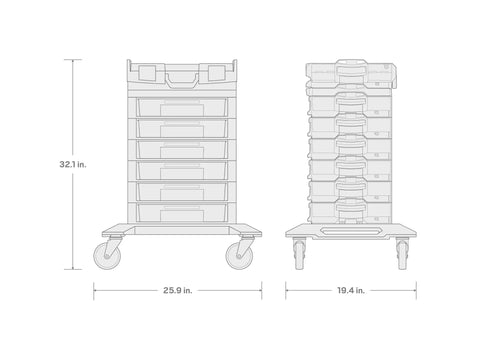 Technical diagram of Six Drawer Rolling Tool Storage Cart With Shallow Toolbox And Organizer Bins for garage or shop.