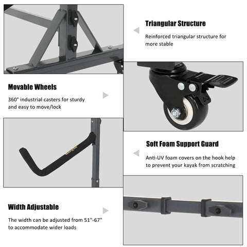 Heavy Duty Kayak Stand And Dual Storage Rack With Rolling Lockable Wheels Hella Durable Steel Adjustable Boat Holders For Garages Sheds And Sup Paddleboards
